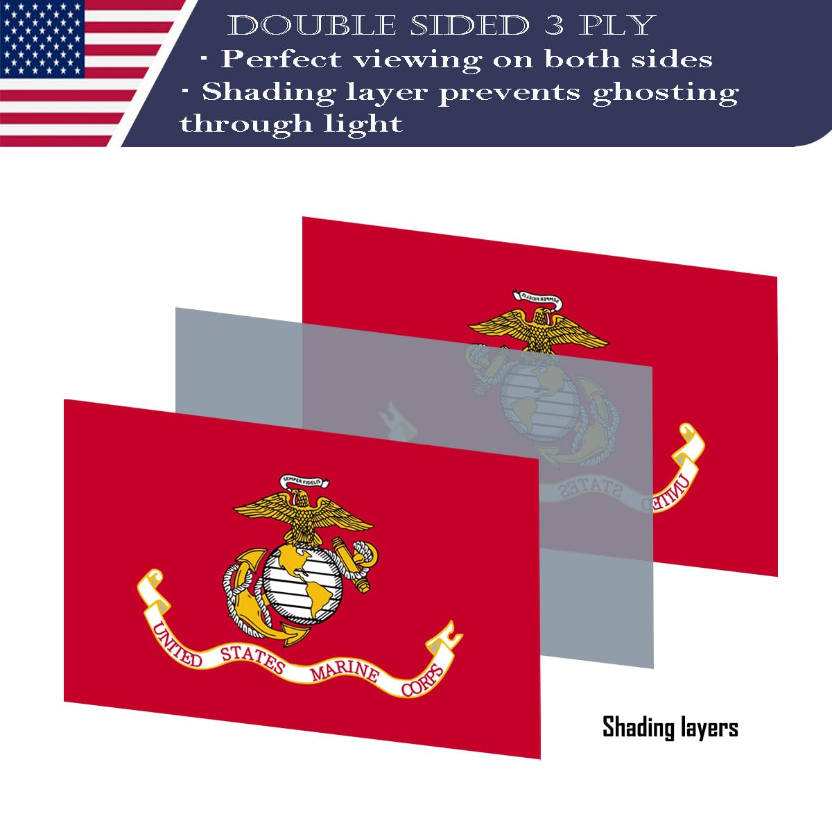 KUOKIP USMC flag 3x5ft back view showing mirrored design and reinforced stitching