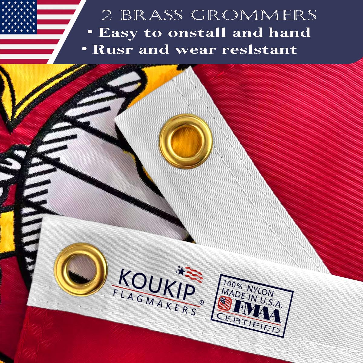 Close-up of embroidered stitching on KUOKIP USMC flag showing durability