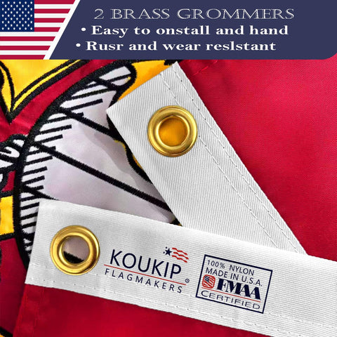 Close-up of embroidered stitching on KUOKIP USMC flag showing durability
