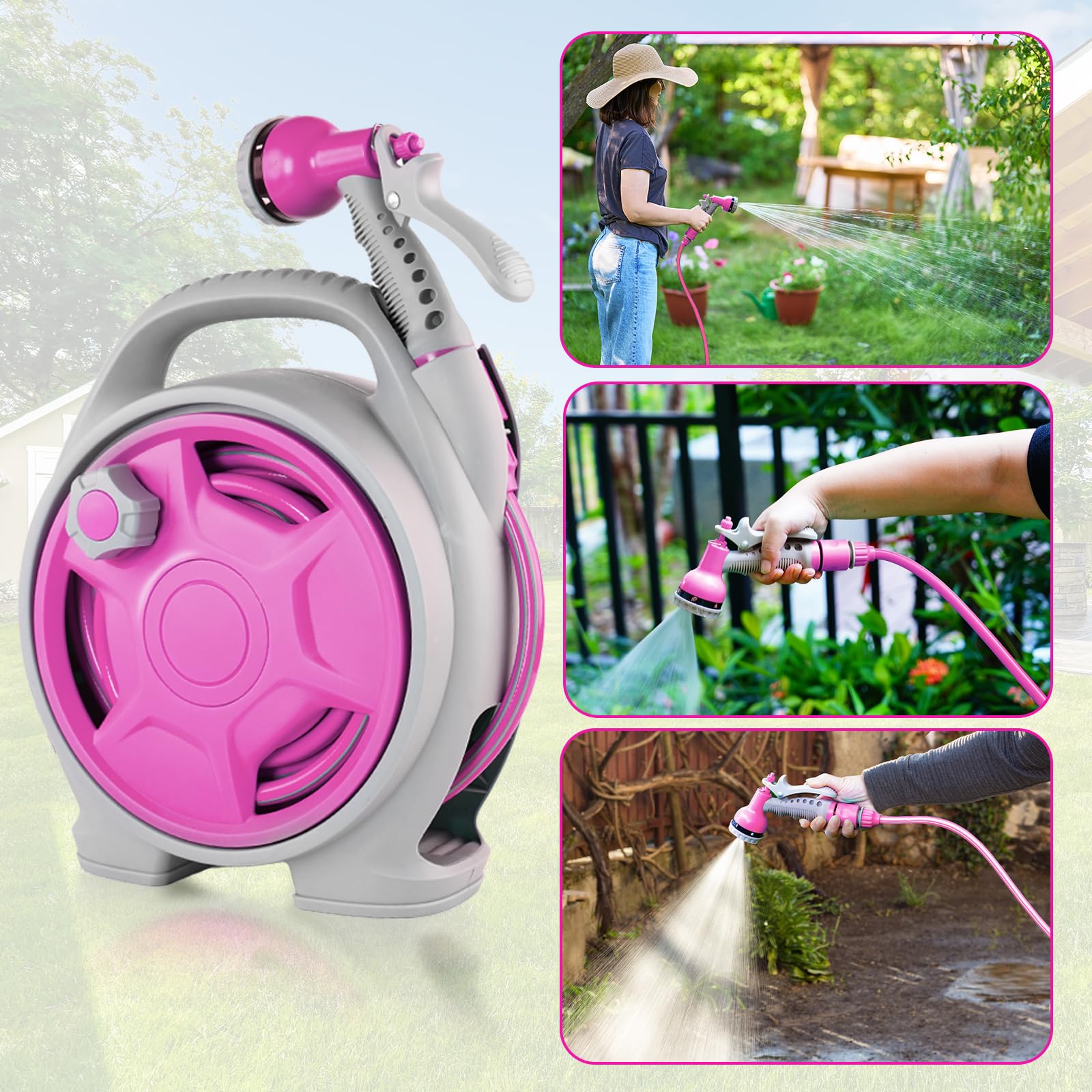 KURTEP pink garden reel features an ergonomic, non-slip handle.