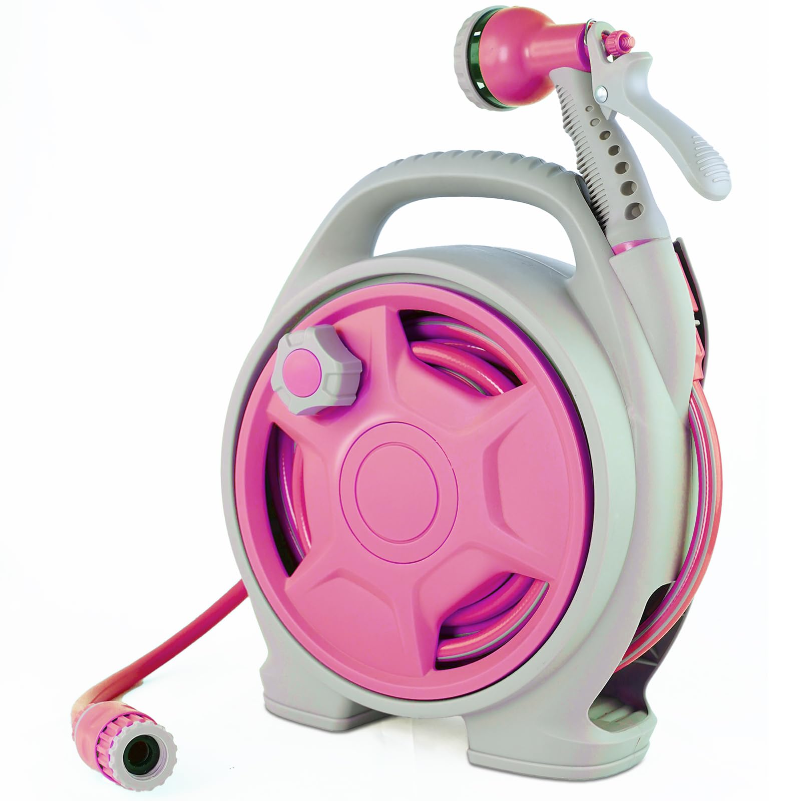 KURTEP portable 50ft pink hose reel stores your hose neatly after watering.