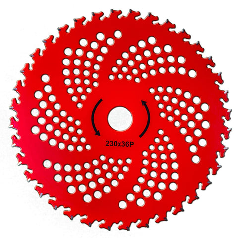 Kurt-Saw blade in use on a trimmer for efficient weed cutting.