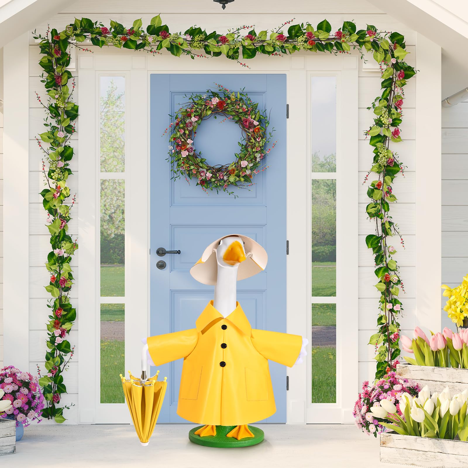 Kuscul 23-inch goose statue outfit complements spring decor.