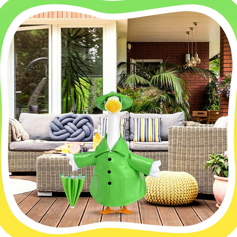 Kuscul goose outfit with umbrella attaches securely with pins for windy patios.