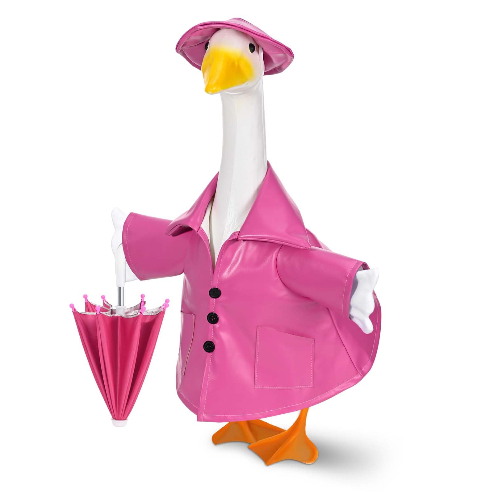 Kuscul raincoat goose outfit on porch for cheerful spring decor.