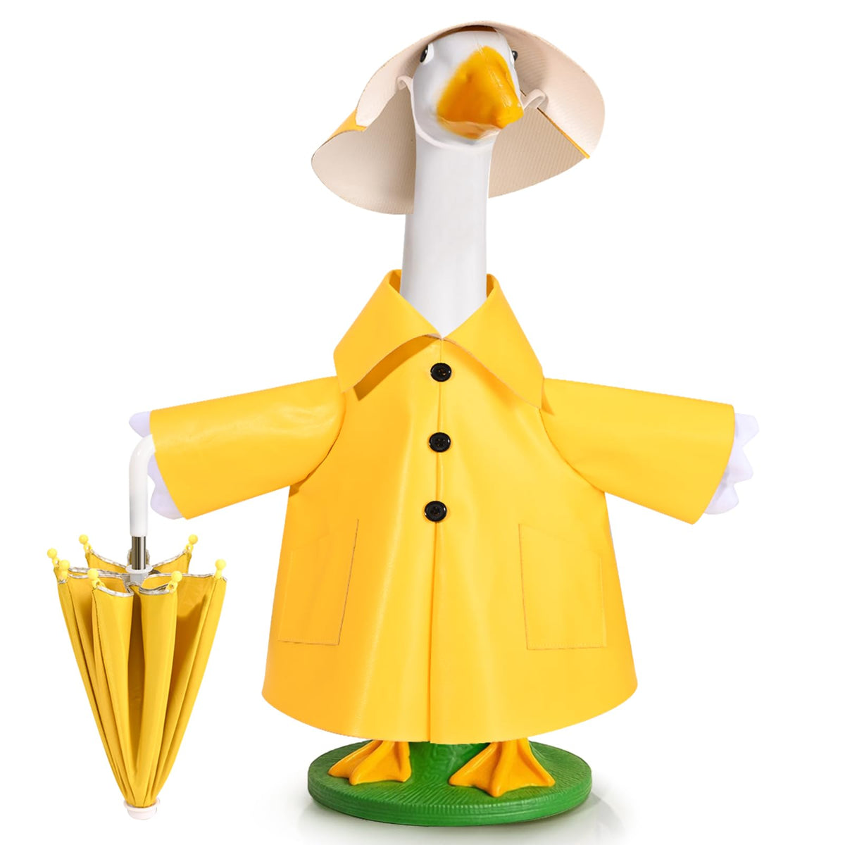 Kuscul goose raincoat outfit with umbrella hat for spring garden decor.