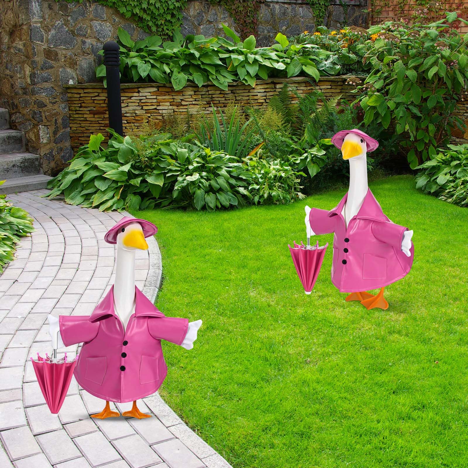 Kuscul umbrella and hat accent enhance spring yard scenes.