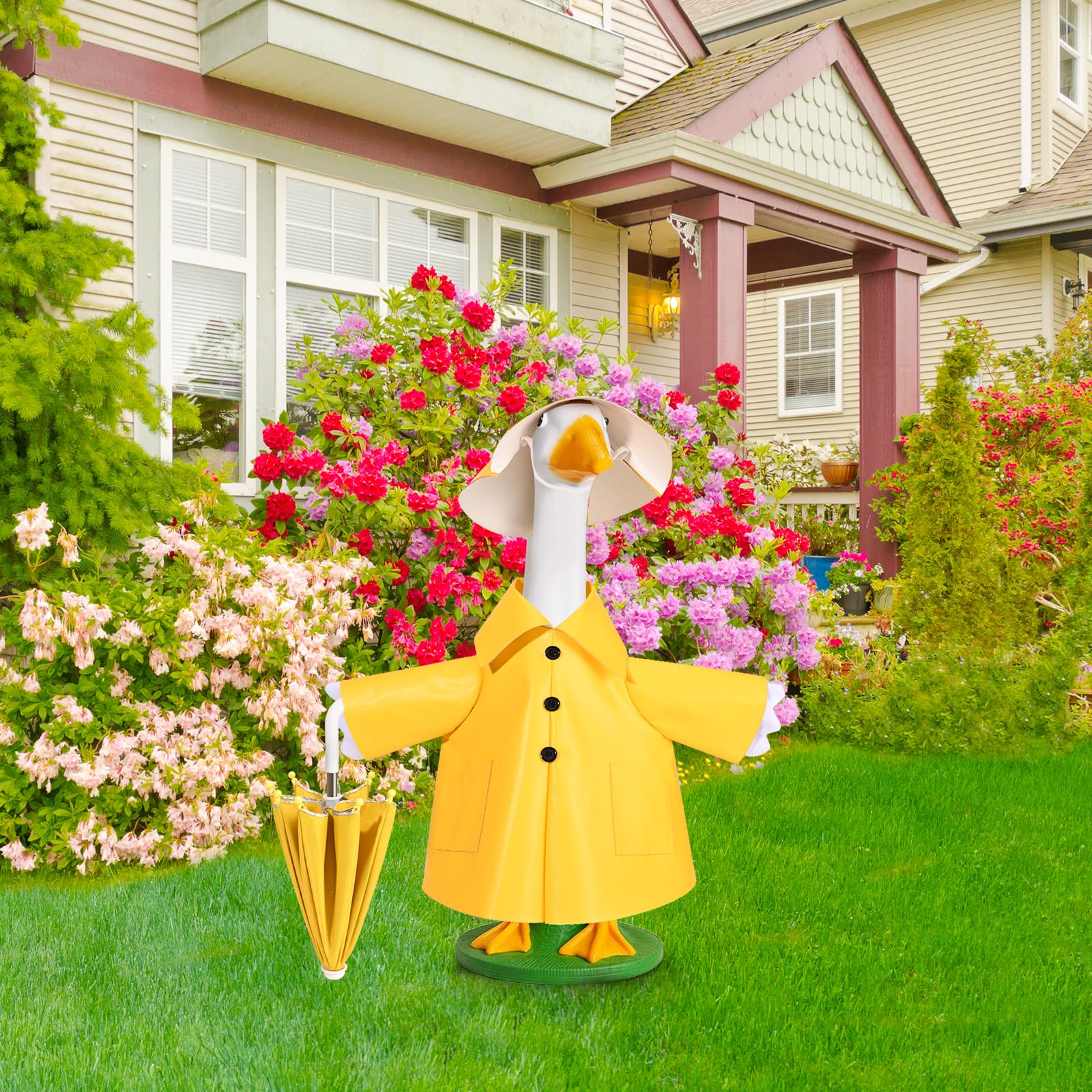Kuscul umbrella attachment pins keep goose costume secure outdoors.