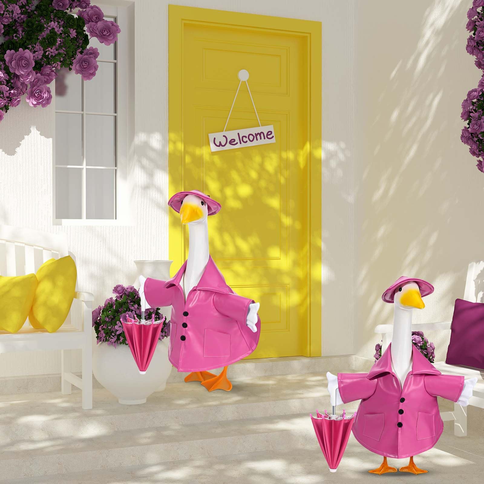 Kuscul waterproof fabric keeps porch geese looking fresh in rain.