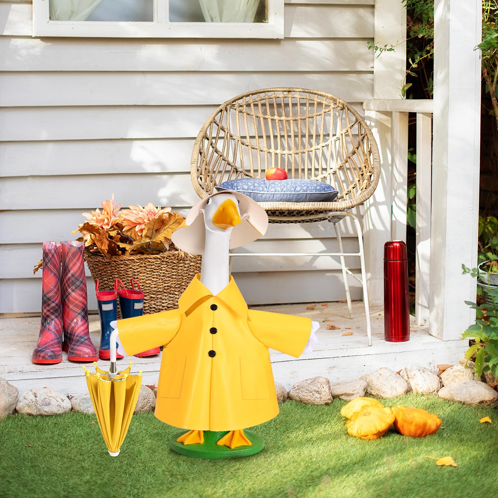 Kuscul yellow garden decor goose outfit for cheerful yard display.