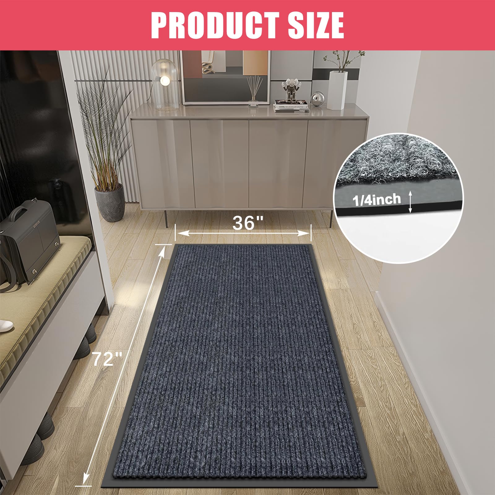 Kuyal front door mat non-slip backing provides secure footing on wet floors.