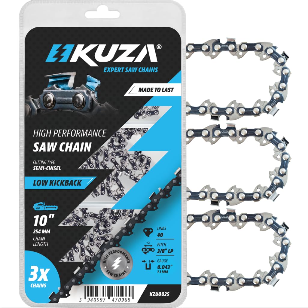 KUZA 10-inch chain mounted on a saw showing 3/8 LP pitch for precise cuts