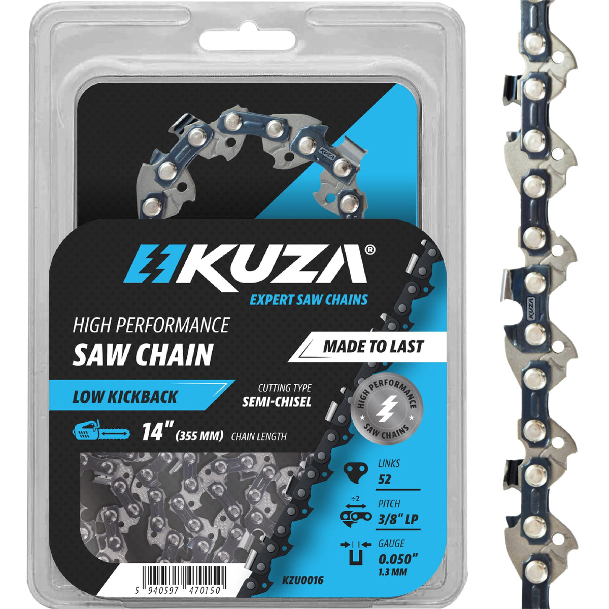 KUZA 14-inch chain with 38LP pitch delivers precise cuts on compatible saws.