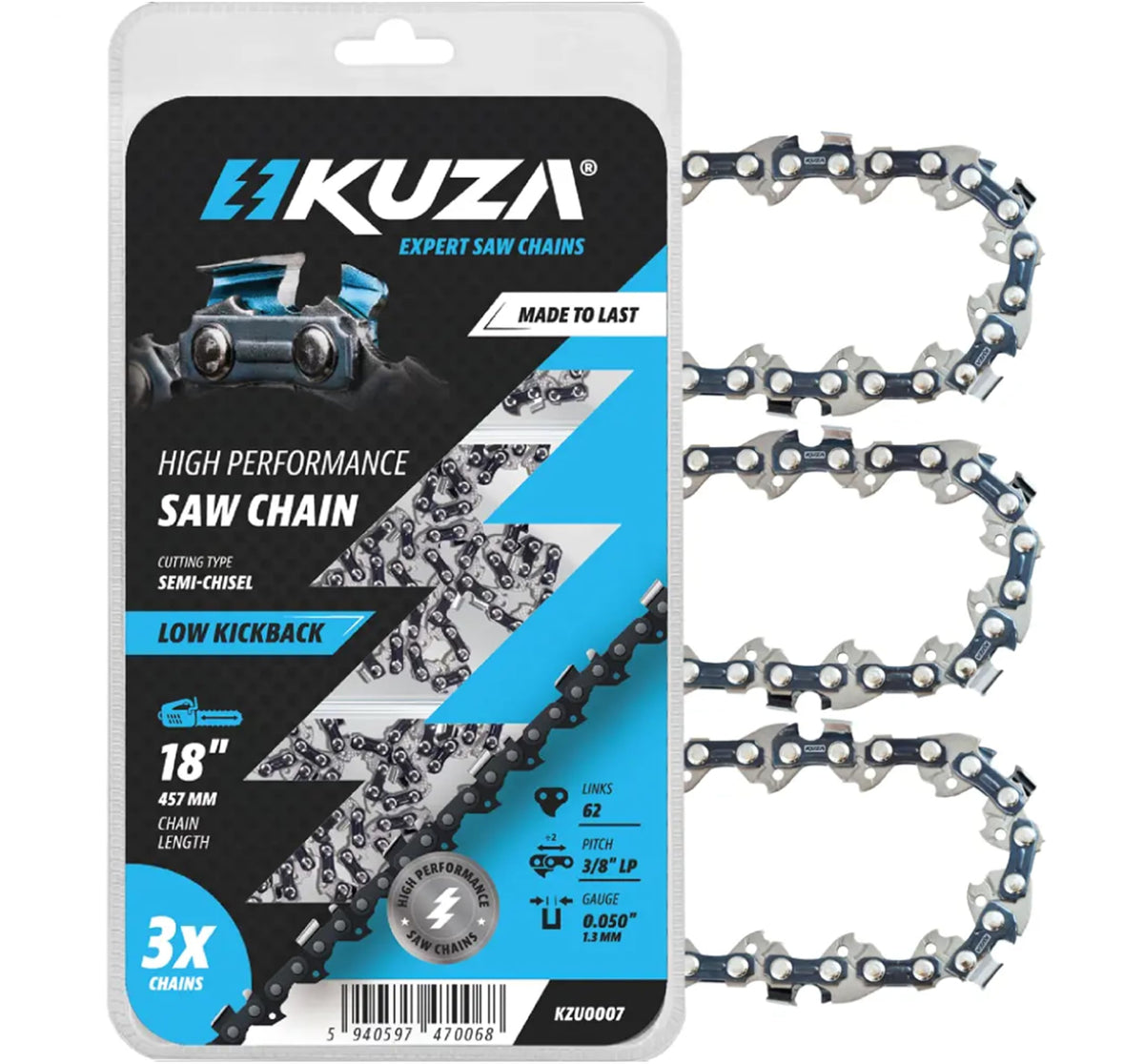 KUZA 18-inch chainsaw chain close-up showing 3/8in LP pitch for lasting cuts.