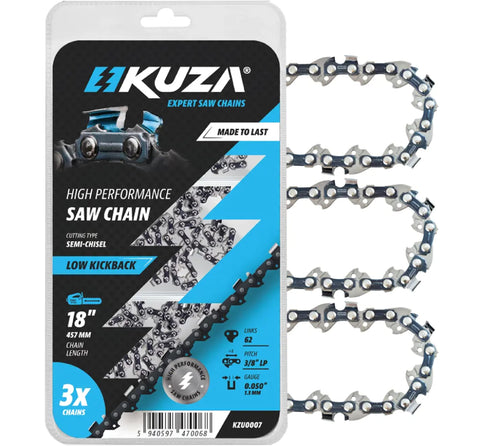 KUZA 18-inch chainsaw chain close-up showing 3/8in LP pitch for lasting cuts.