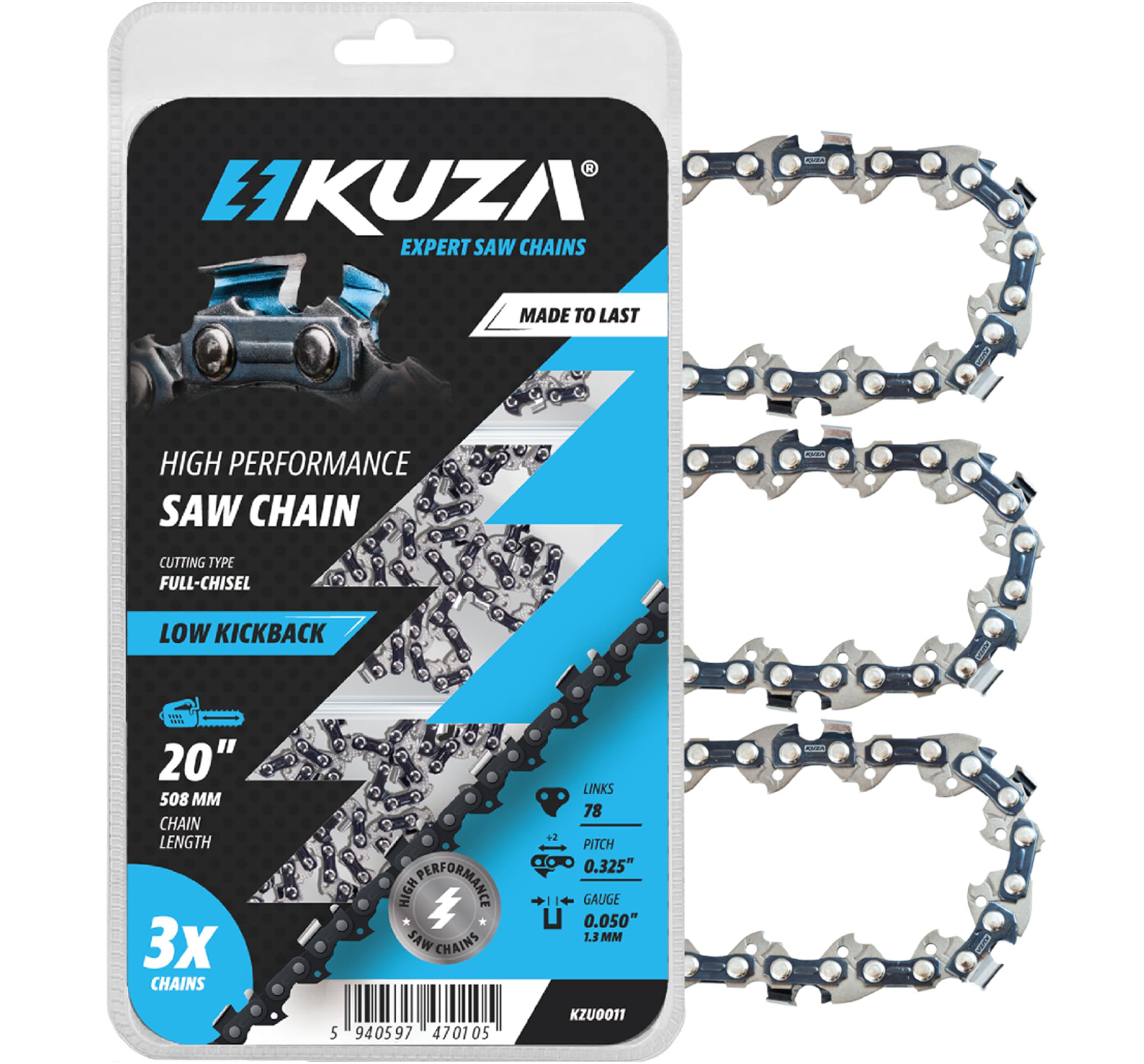 KUZA 20BPX78CQ chain box highlights durable German steel for lasting cuts