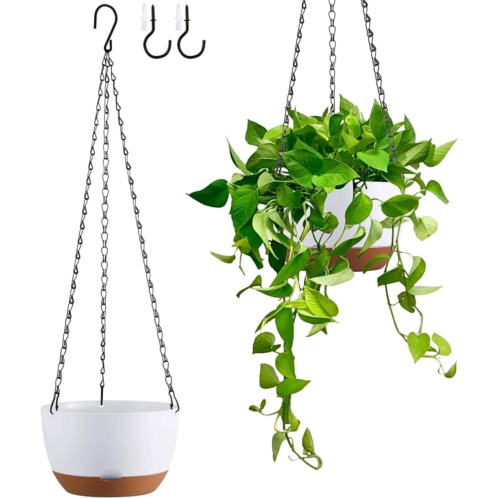 Kvetto 8-inch self-watering hanging planter with drainage tray and hooks for easy mounting.