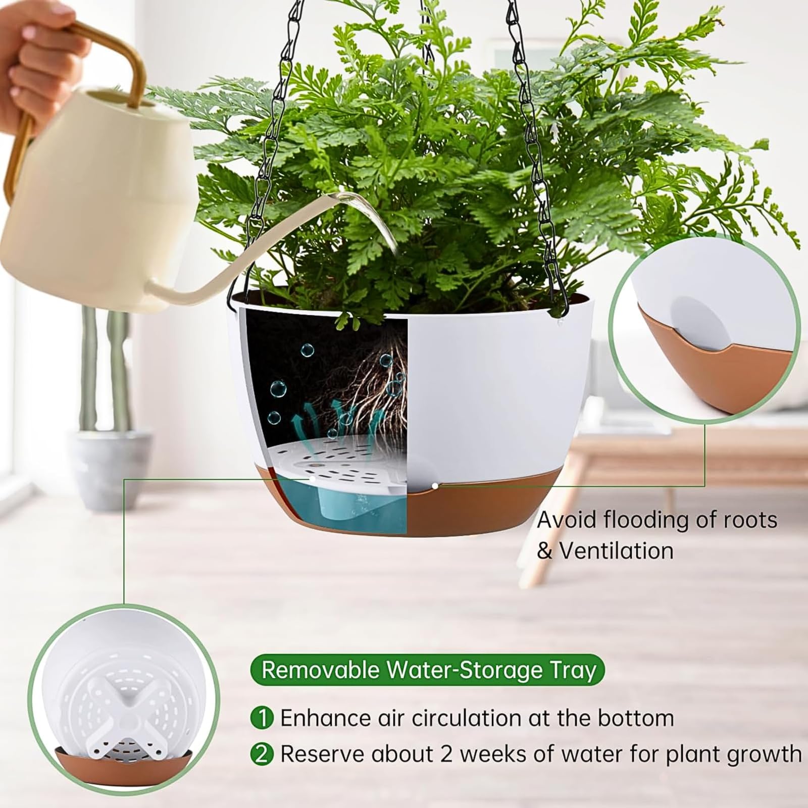 Kvetto hanging planters feature rustproof chains and hooks for outdoor use.
