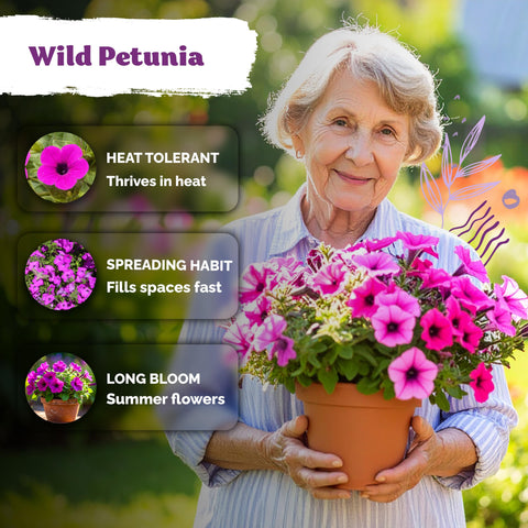 KVITER hanging-basket-ready seeds promote 12-inch trailing petunia displays.