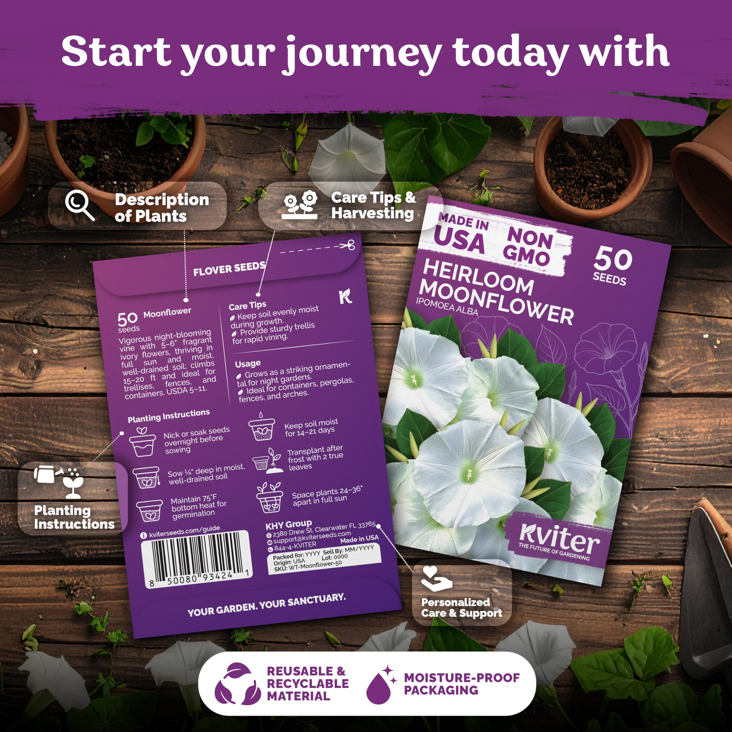 KVITER Moonflower seeds pack label details, informative text helps successful sowing
