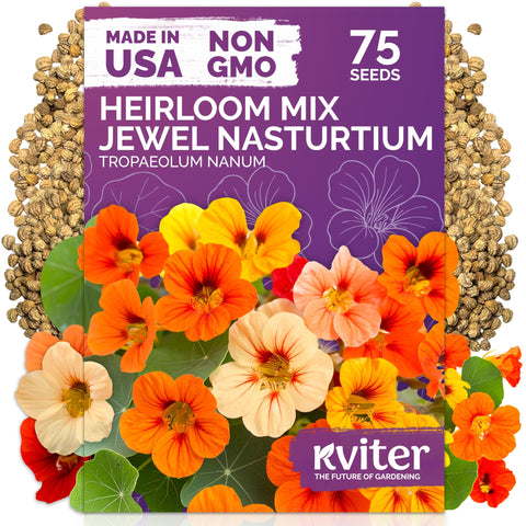 KVITER 75 Mix Jewel Nasturtium seeds packet close-up for easy garden planting.
