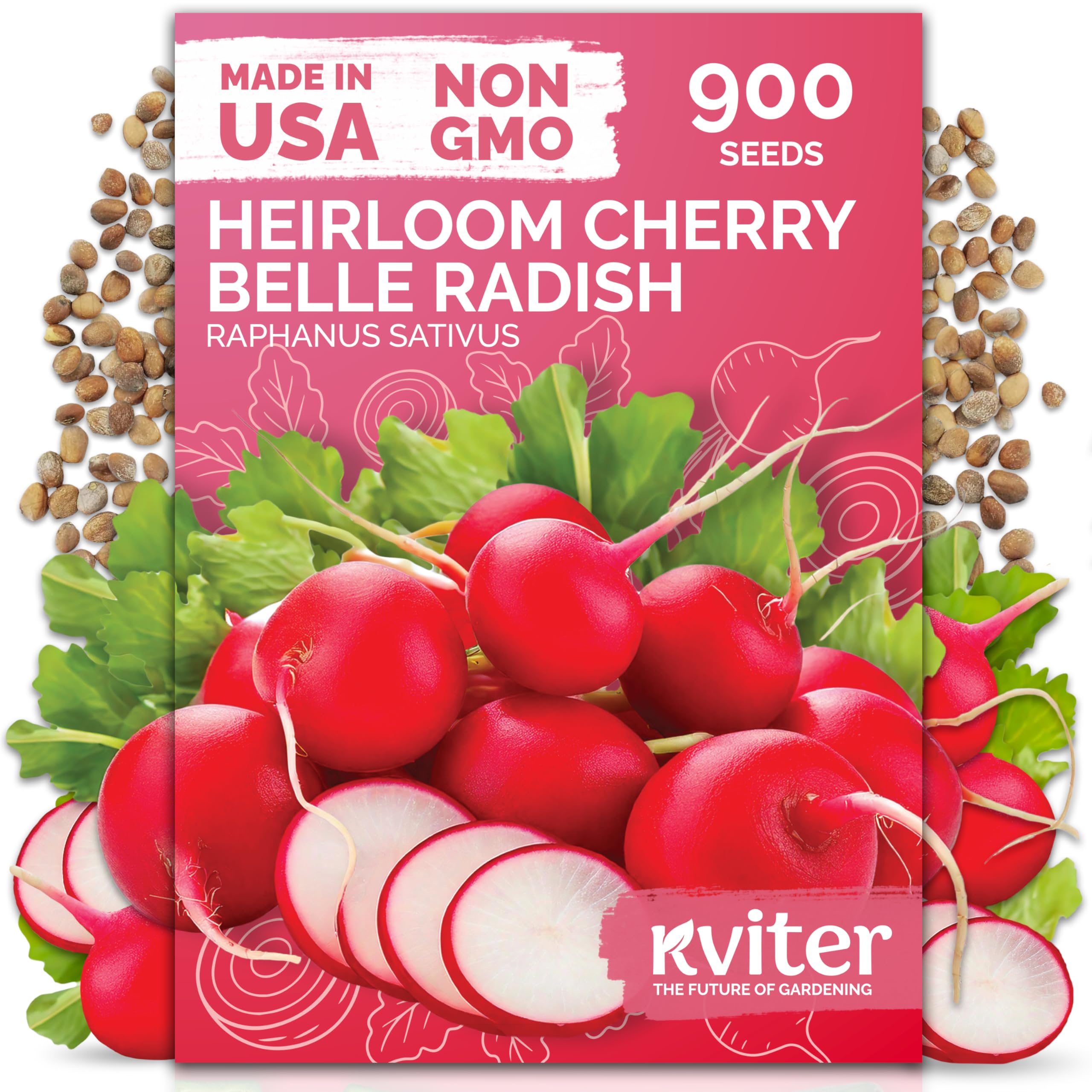 KVITER 900 Cherry Belle radish seeds packet for quick harvest with uniform red roots and crisp flesh.