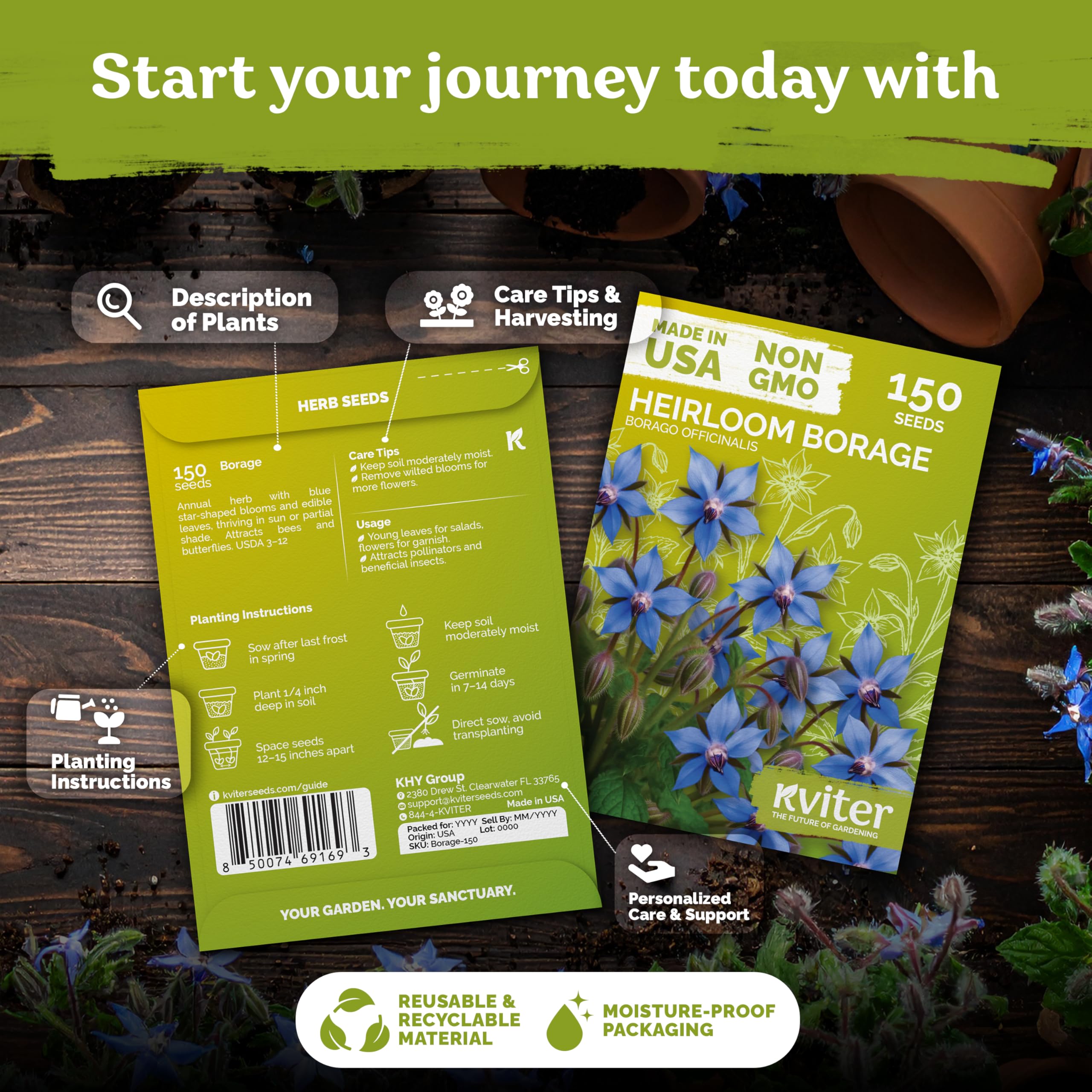 KVITER borage seeds shown for direct planting in garden.
