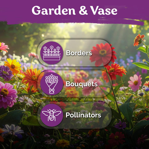 KVITER open-pollinated zinnia seeds enable seed-saving and garden diversity.