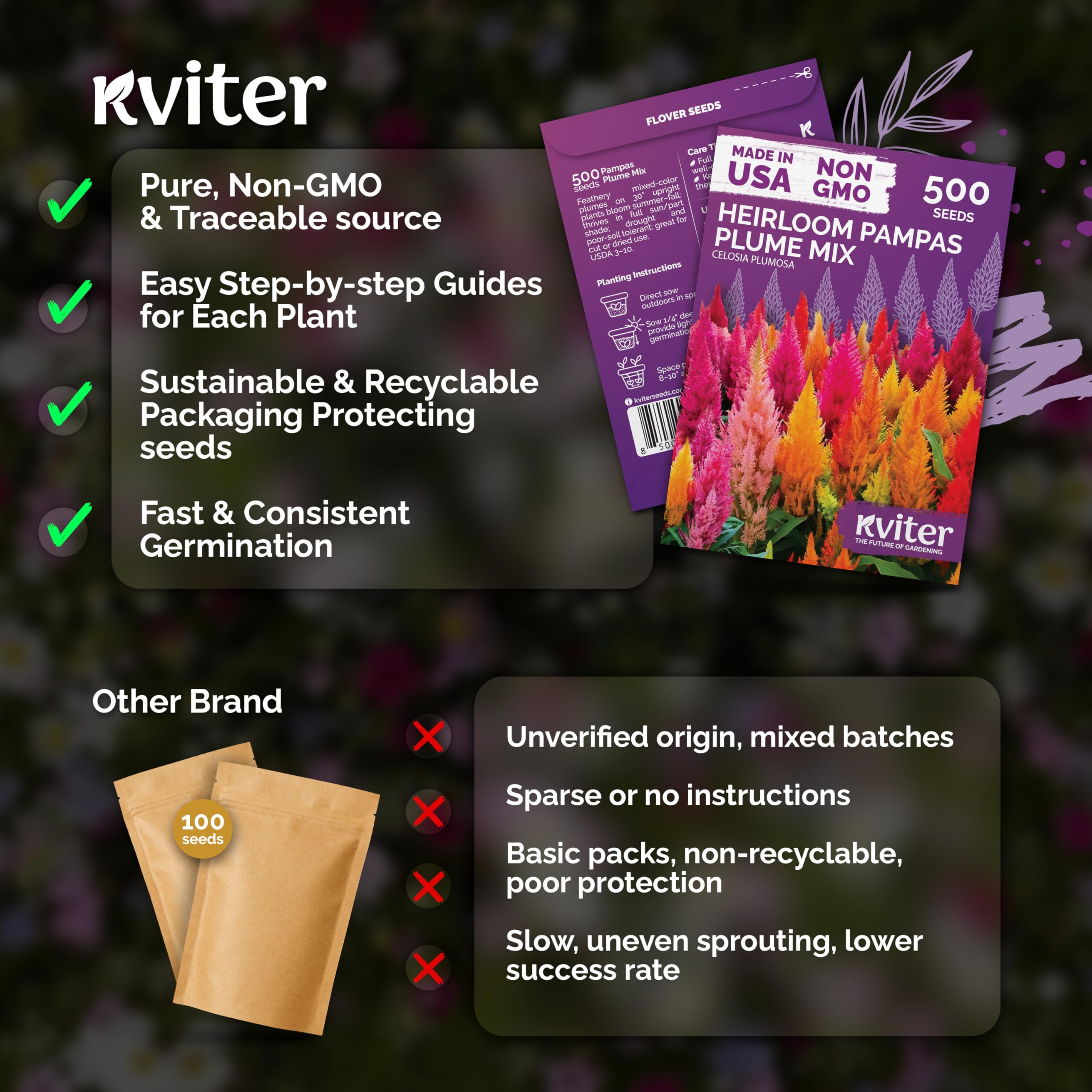 KVITER heirloom non-GMO seeds offer open-pollinated color variety.