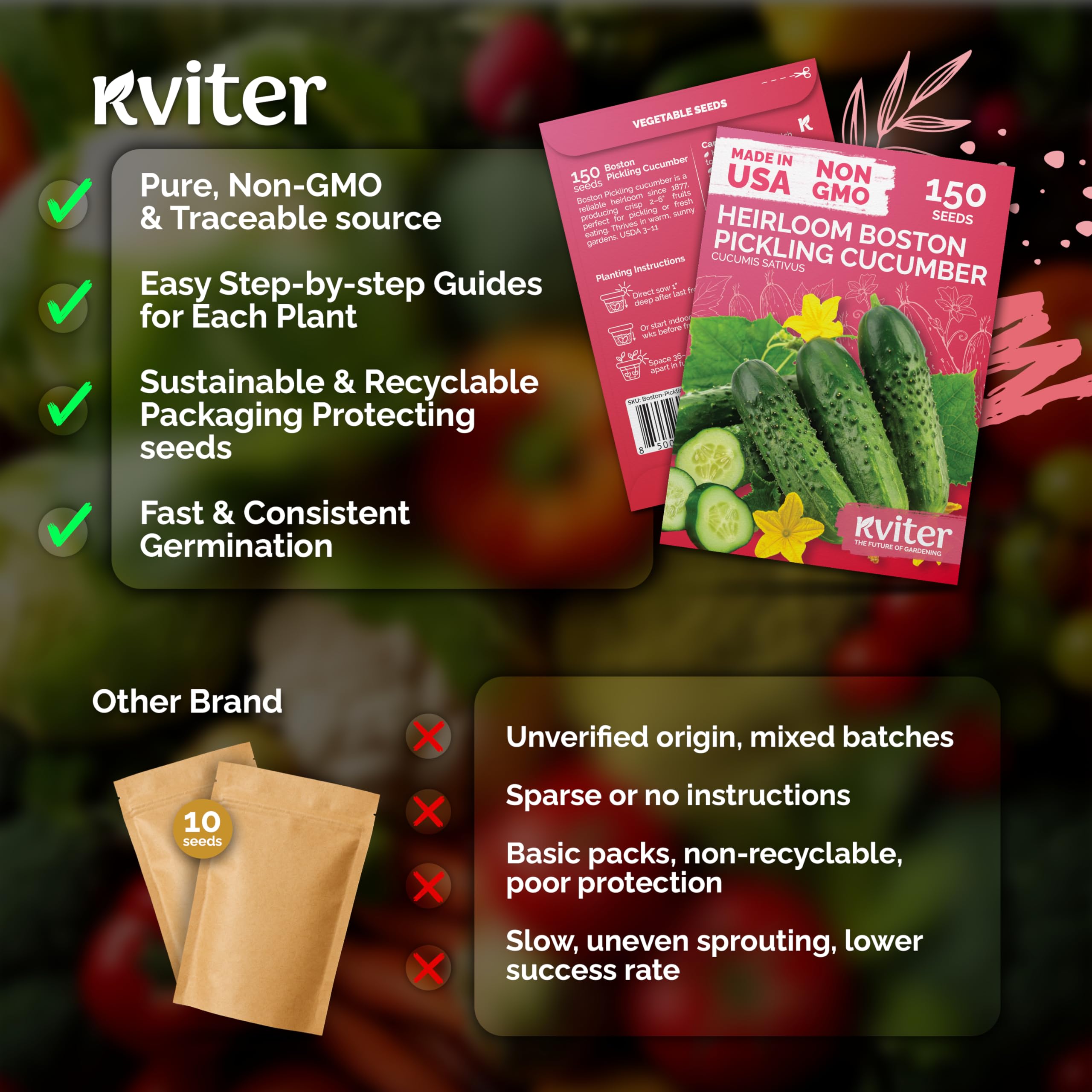 KVITER non-GMO cucumber seeds ideal for crunchy pickles and fresh salads.
