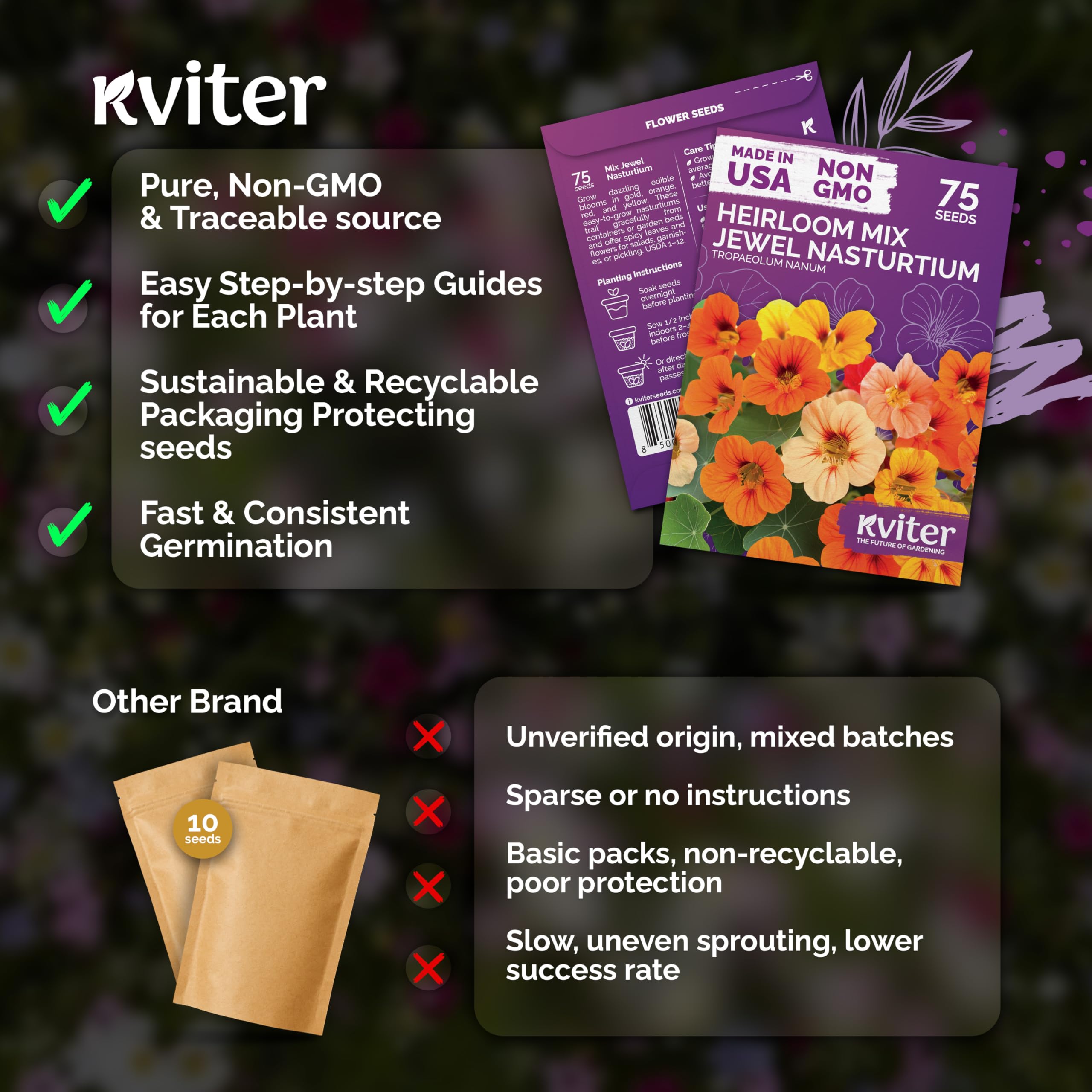 KVITER organic heirloom seeds packet shown for gardener authenticity.