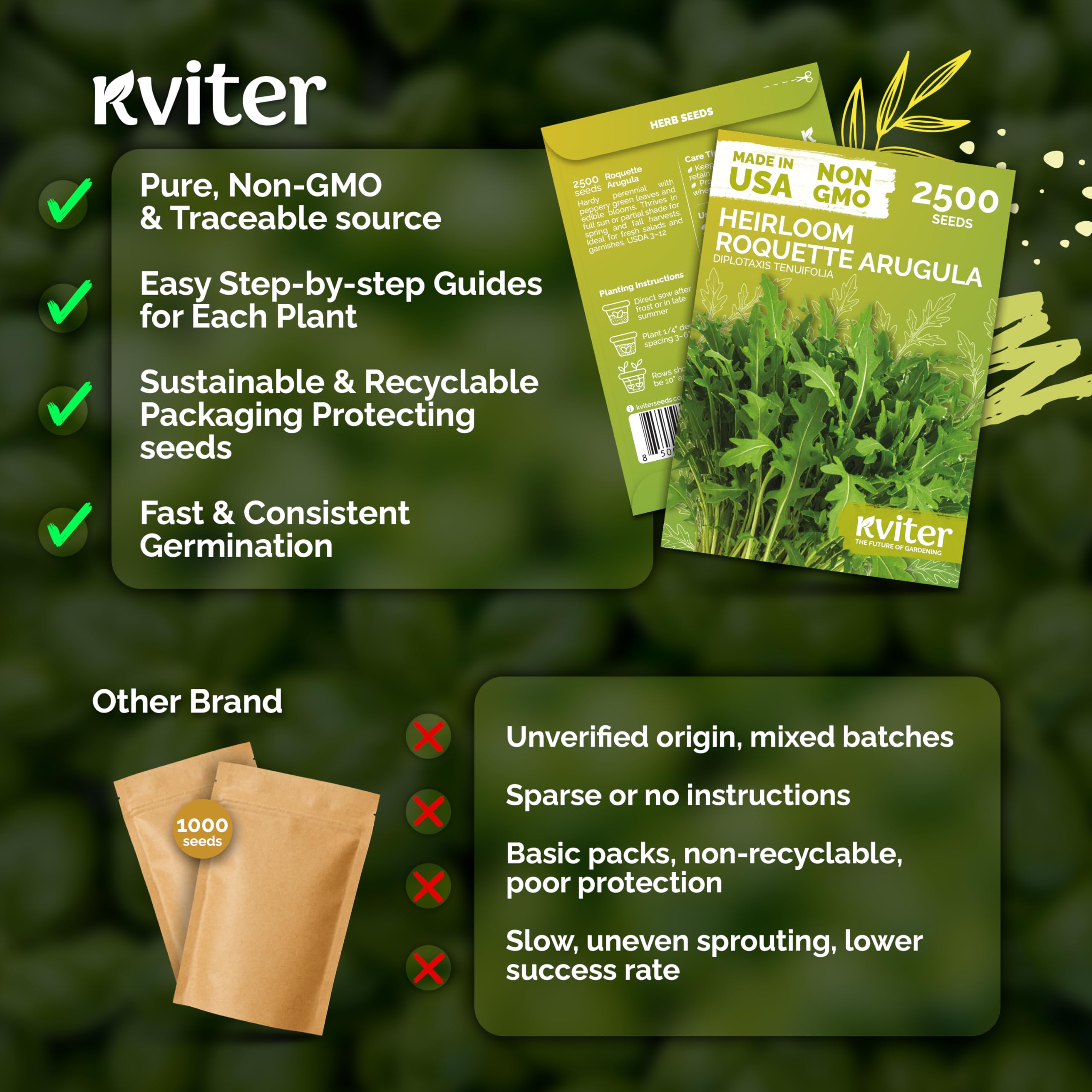 KVITER Roquette arugula seeds reach 24-inch height with hardy growth.