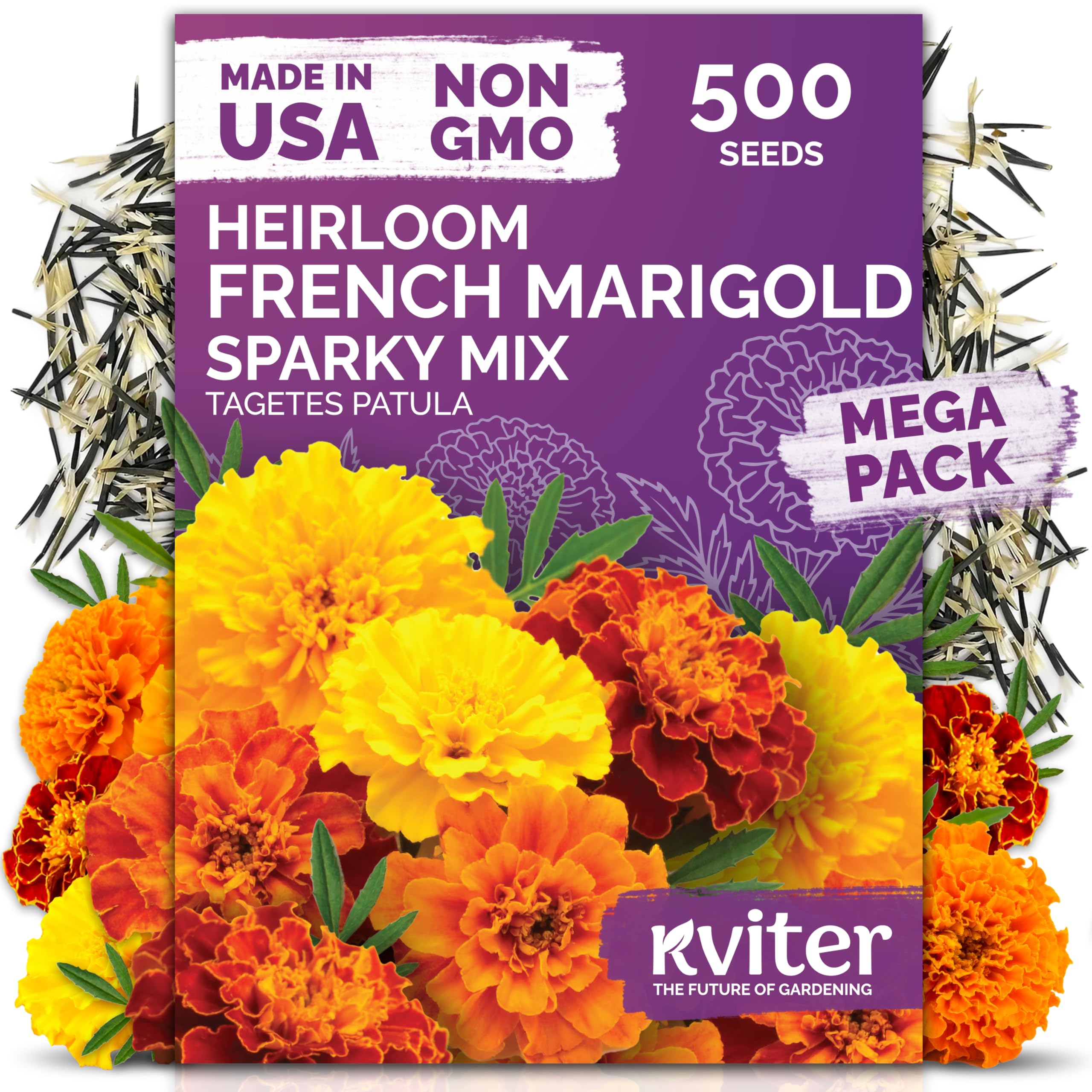 KVITER Sparky Mix seed pack with vibrant marigolds for easy garden start.