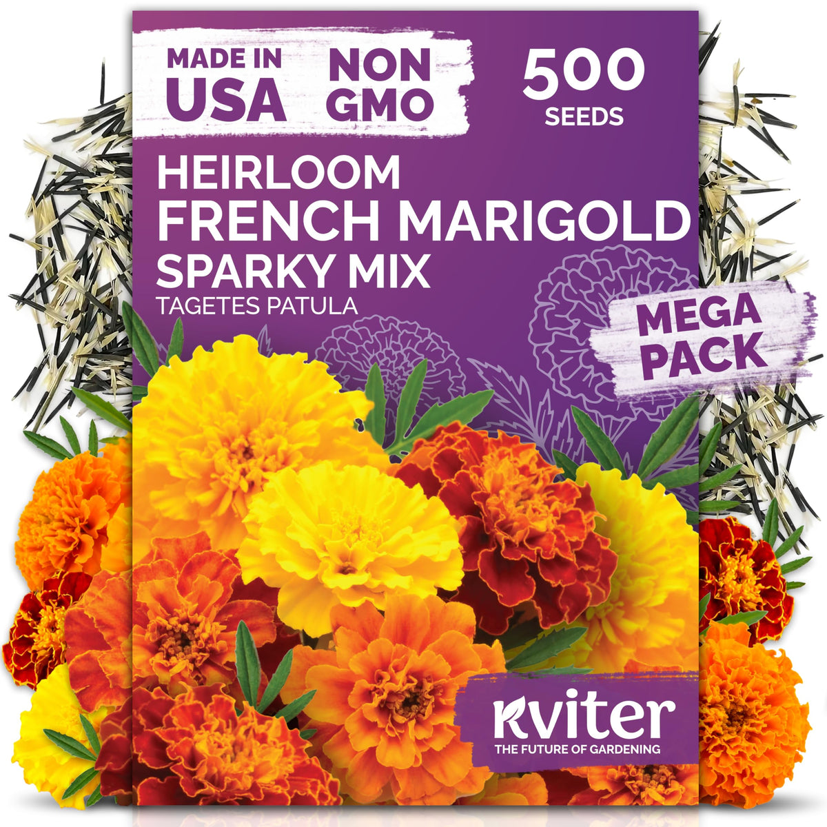KVITER Sparky Mix seed pack with vibrant marigolds for easy garden start.