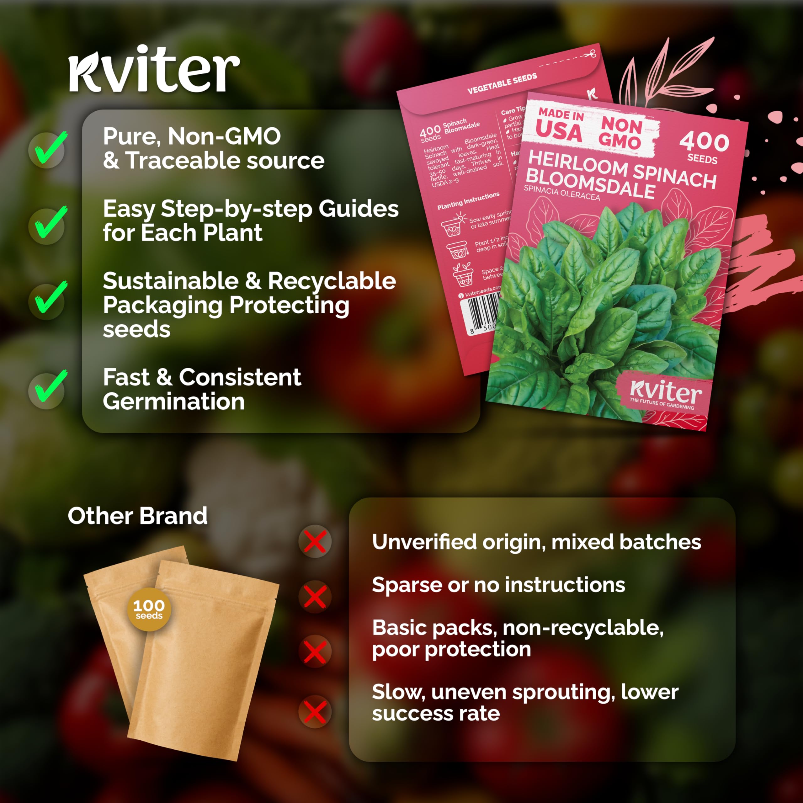 KVITER spinach heat-tolerance growth hint for hot-season harvests.