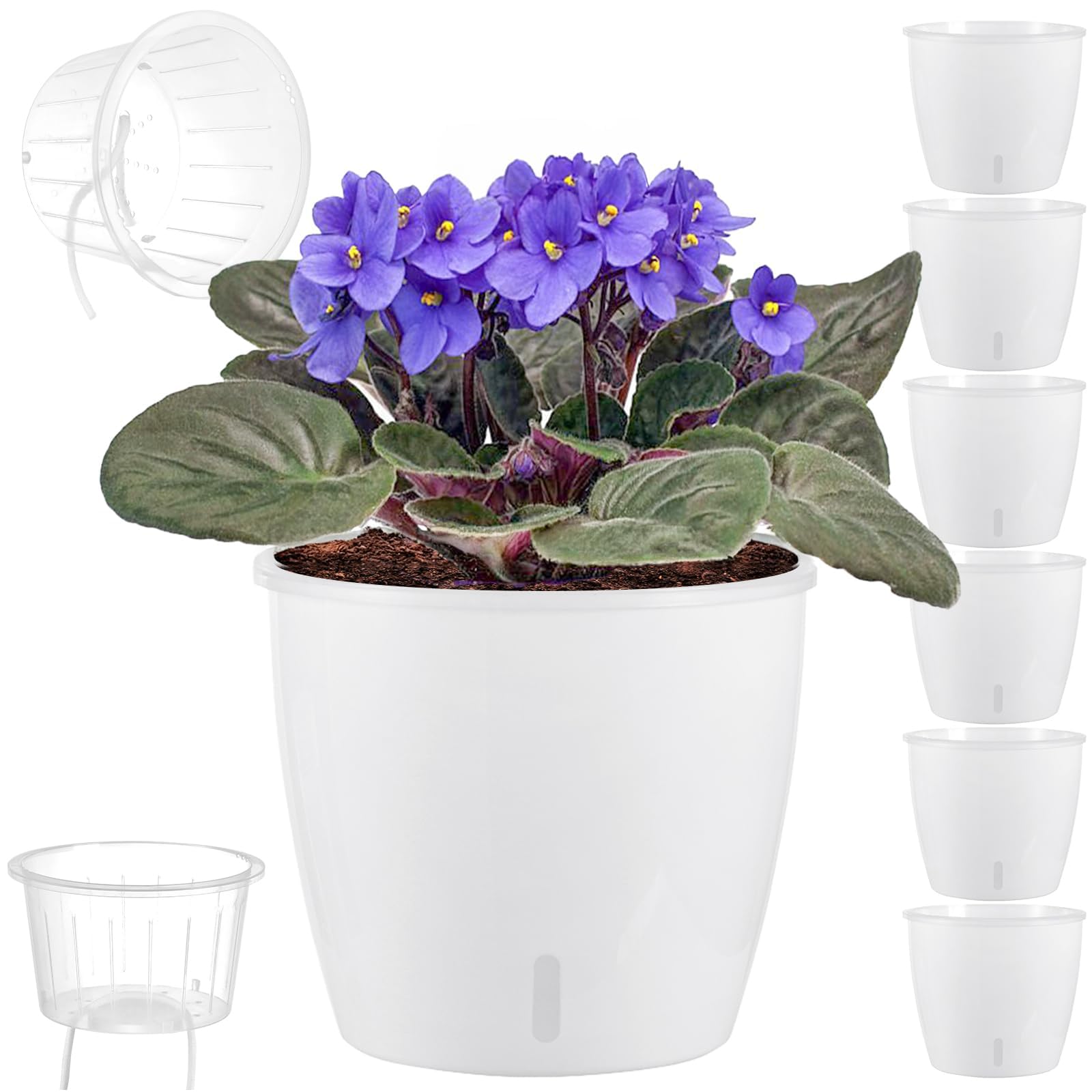 KvyusFlourish self-watering pots six-pack with indicator for effortless plant care.