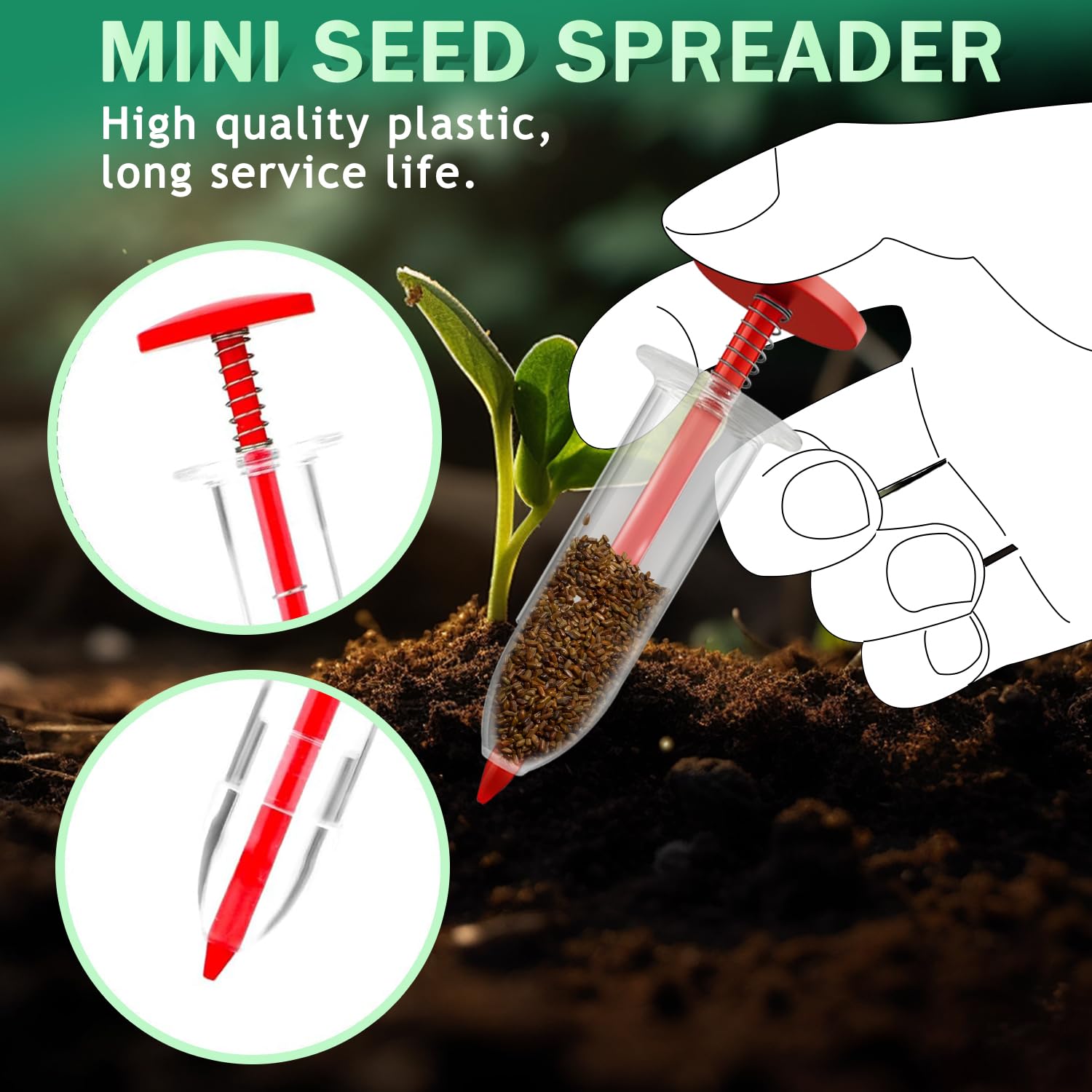 Kwevos red mini seed spreader detail showing comfortable grip.