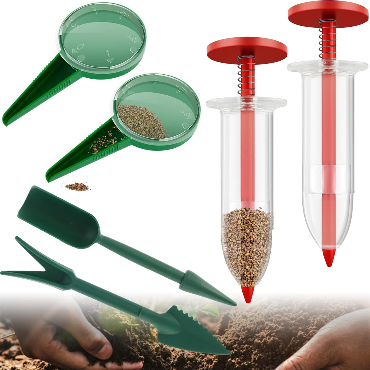 Kwevos mini seed spreader red for precise sowing of tiny seeds.