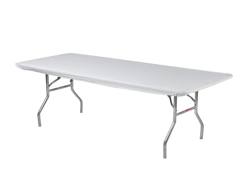 Kwik-Covers 6ft table cover on table with elastic edging prevents slipping.