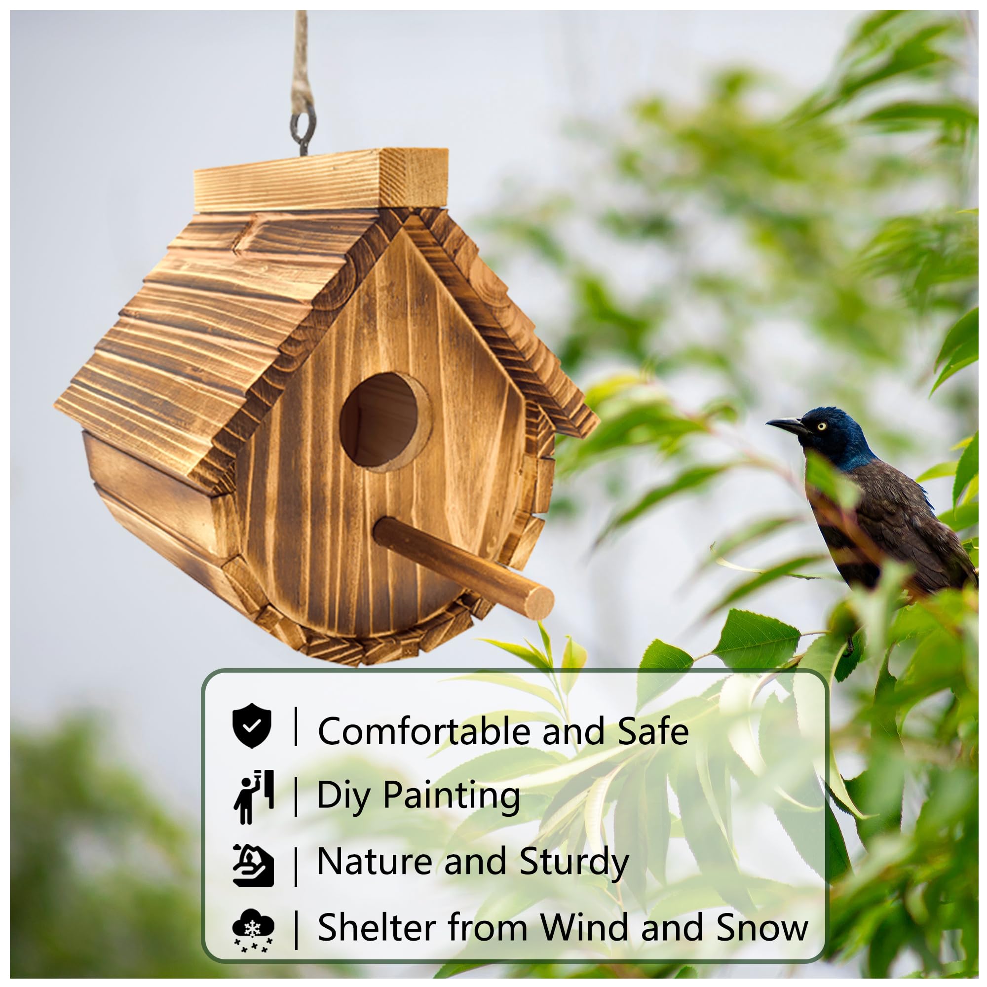 KWISAMR natural wood bird box on deck adds rustic charm and wildlife-friendly design.