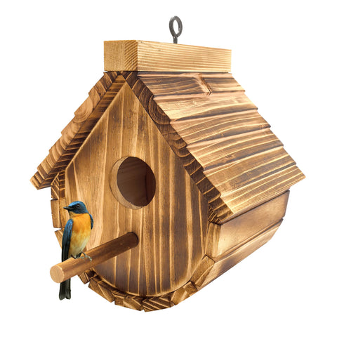 KWISAMR wren house exterior view shows natural wood and compact garden-friendly design for wrens.