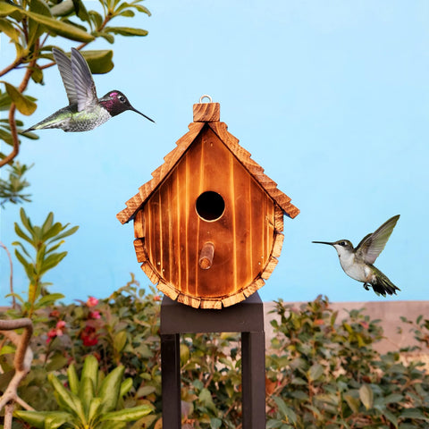 KWISAMR handmade wooden birdhouse arrives ready-to-hang with a single sturdy rope.