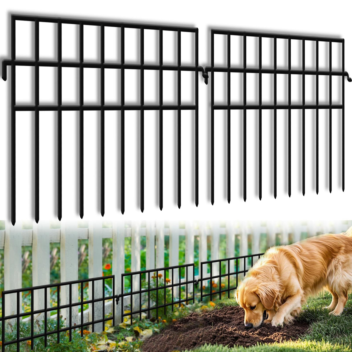 KYATE 14-panel dog digging fence barrier set up to protect garden areas from digging.