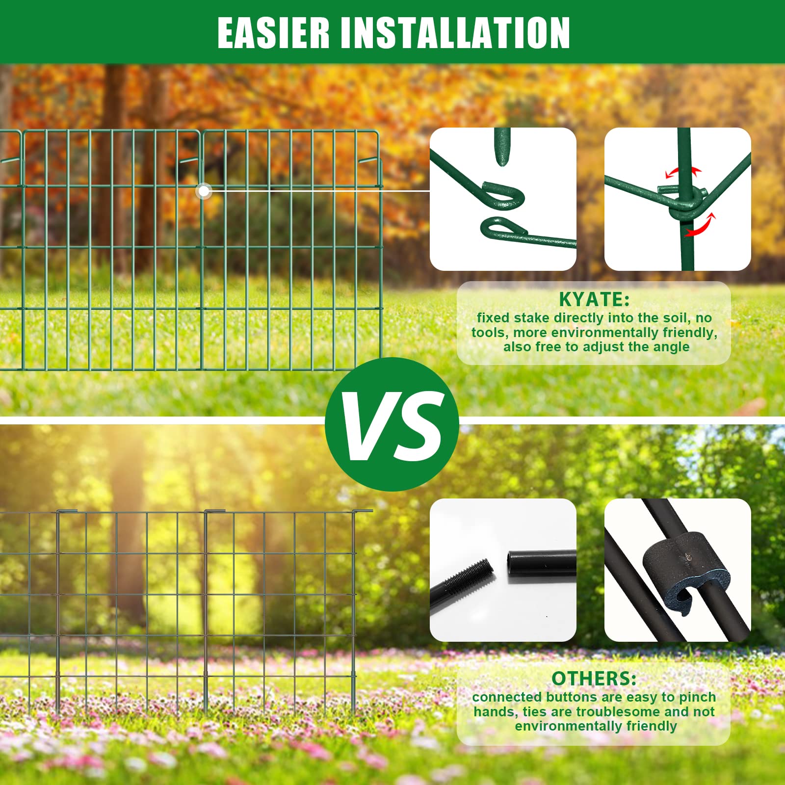 KYATE easy-install fence requires no tools, with a stake-in design for quick setup.