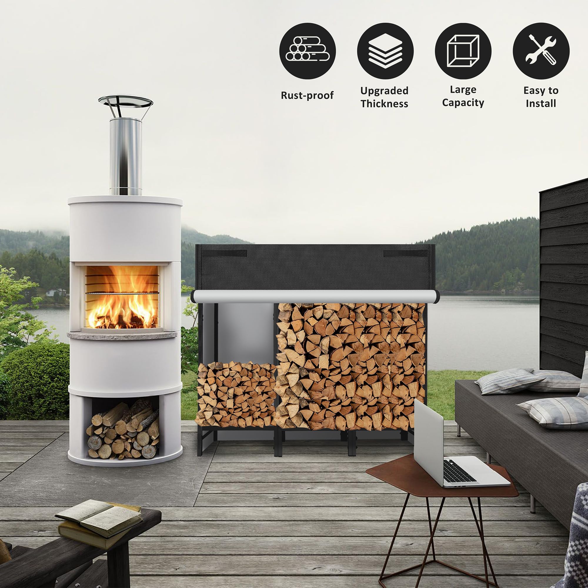 KYATE firewood rack easy-assembly images highlight quick setup for busy homes.