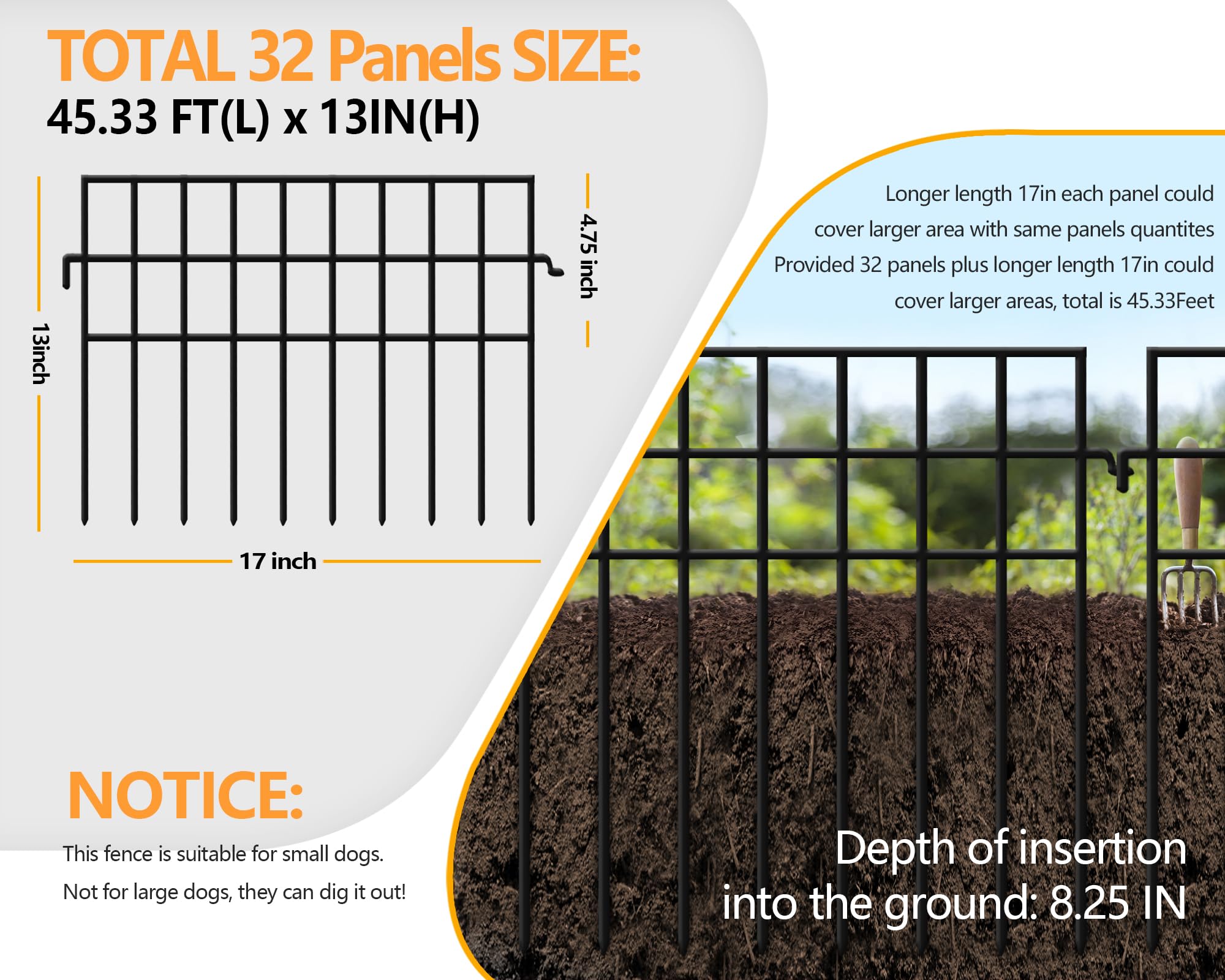 KYATE no-dig fence ground insertion demonstrates 8.25 inches below ground for stability.
