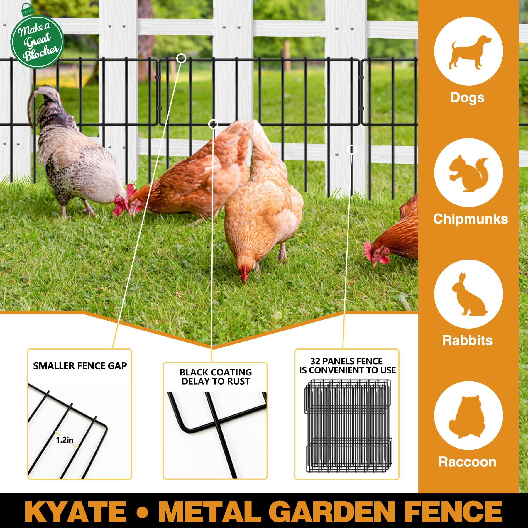 KYATE rustproof metal coating ensures durable outdoor use and long-lasting yard protection.