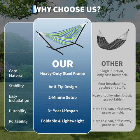 KYBOLT 6-height adjustable stand ensures a perfect fit for most hammocks.
