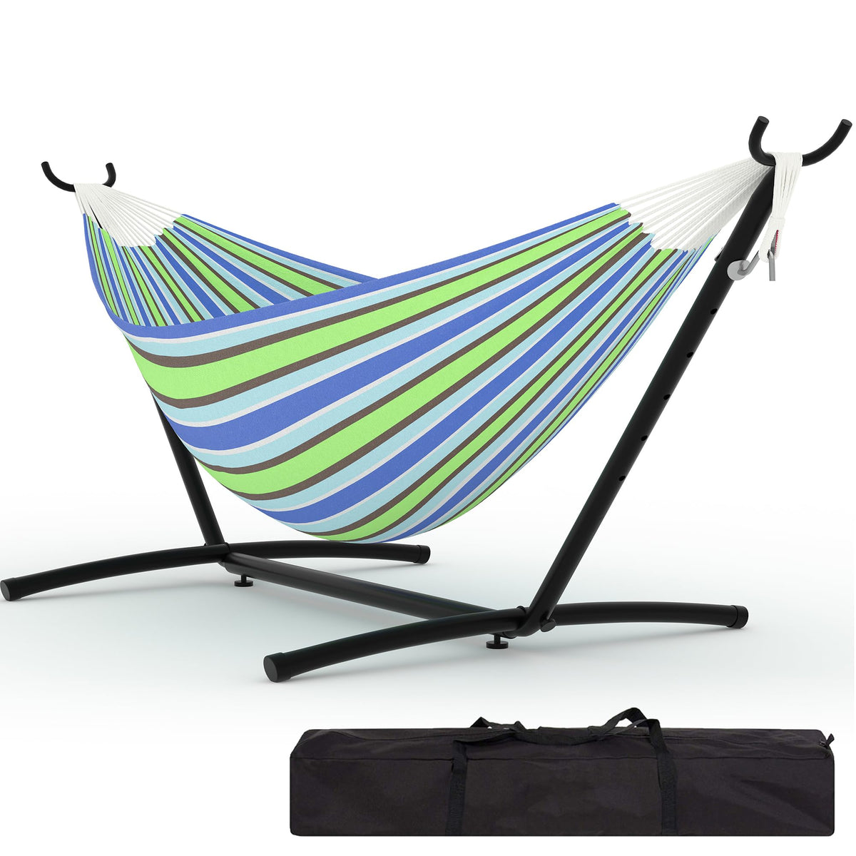 KYBOLT double hammock assembly outdoors in blue-green stripes for quick setup and relaxing shade.