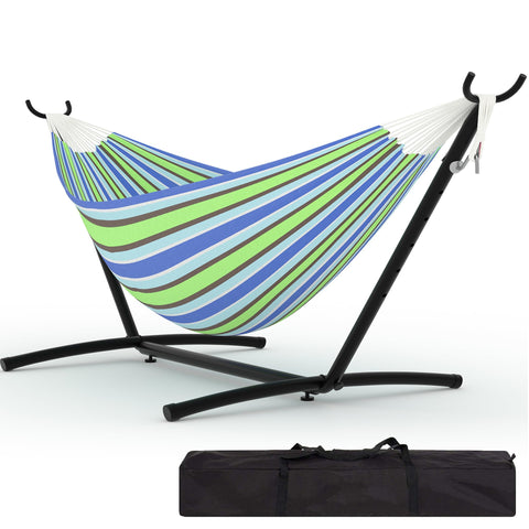 KYBOLT double hammock assembly outdoors in blue-green stripes for quick setup and relaxing shade.
